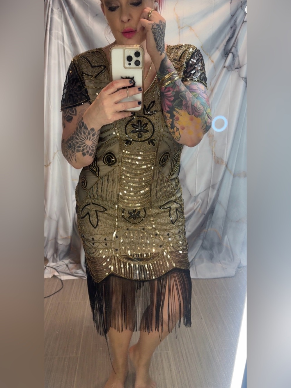 Sequined Fringe Midi Dress in Gold & Black!